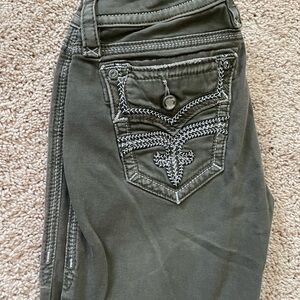 Rock Revival Green Skinny Jeans with Ornate Stitching